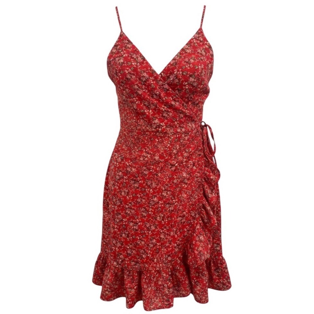 Free People Wrap Dress Small Red Floral Ruffle Boho Romantic Coquette Summer